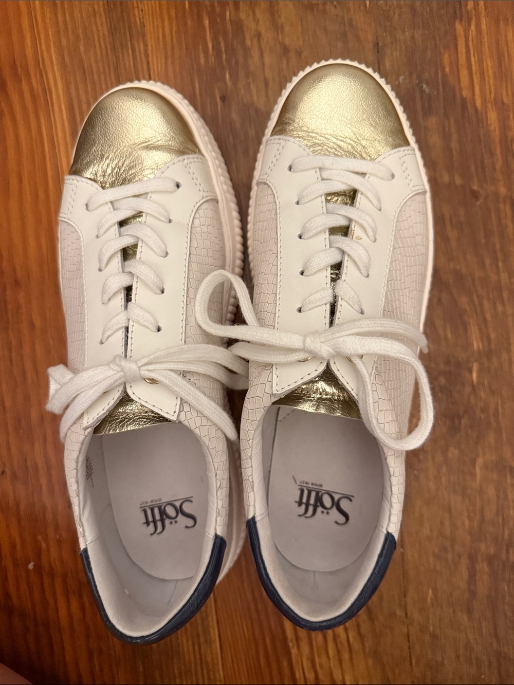 Sofft Women's White Leather Sneakers with Gold Metallic Toe